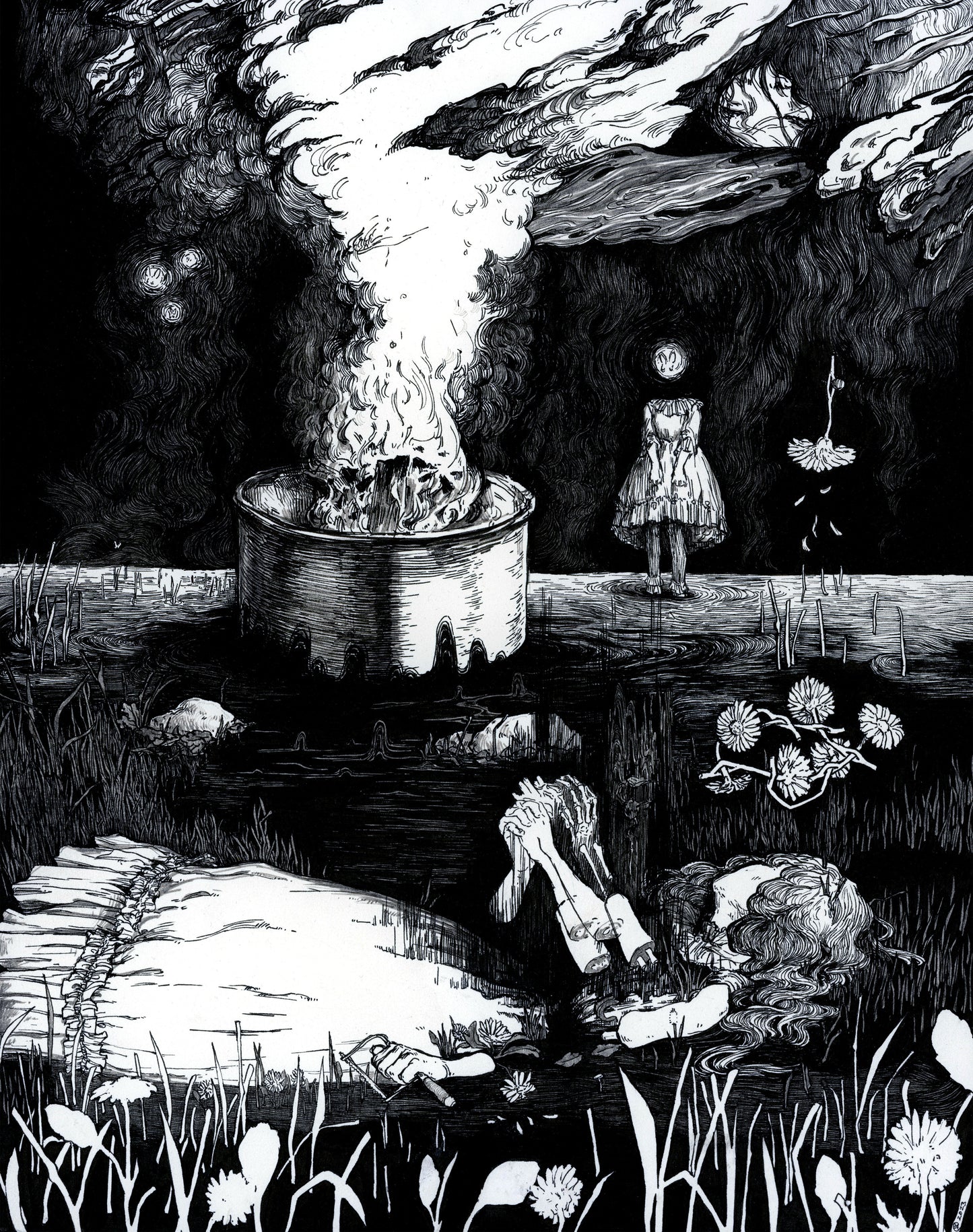 Premonitions of an End (I Awoke to Find It True), 2023, ink on paper on panel, 14 x 11 x 1.625 inches.