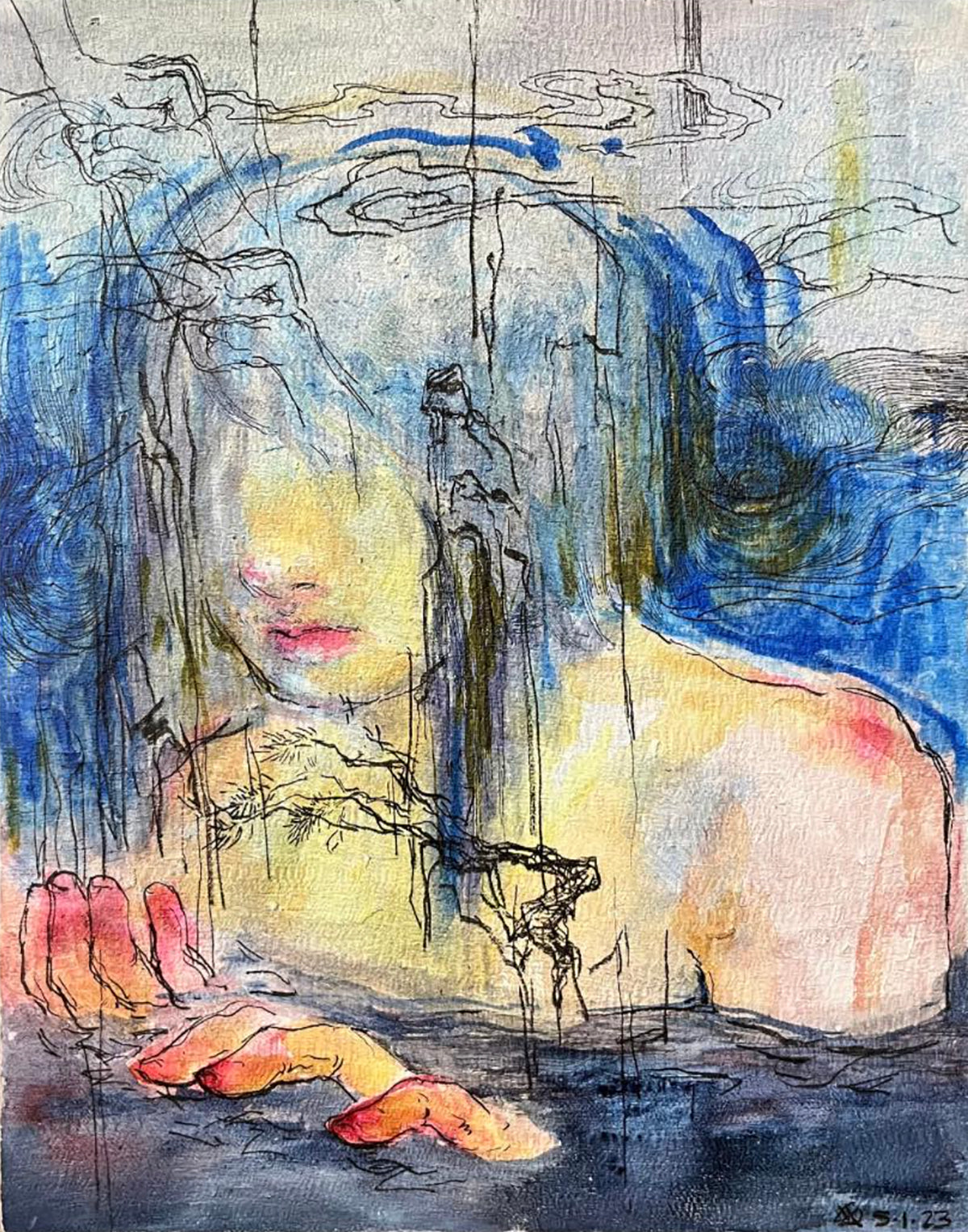 A Vessel of Sharp Inhales, 2023, ink and watercolor on silk, 14 x 11 x 1.5 inches