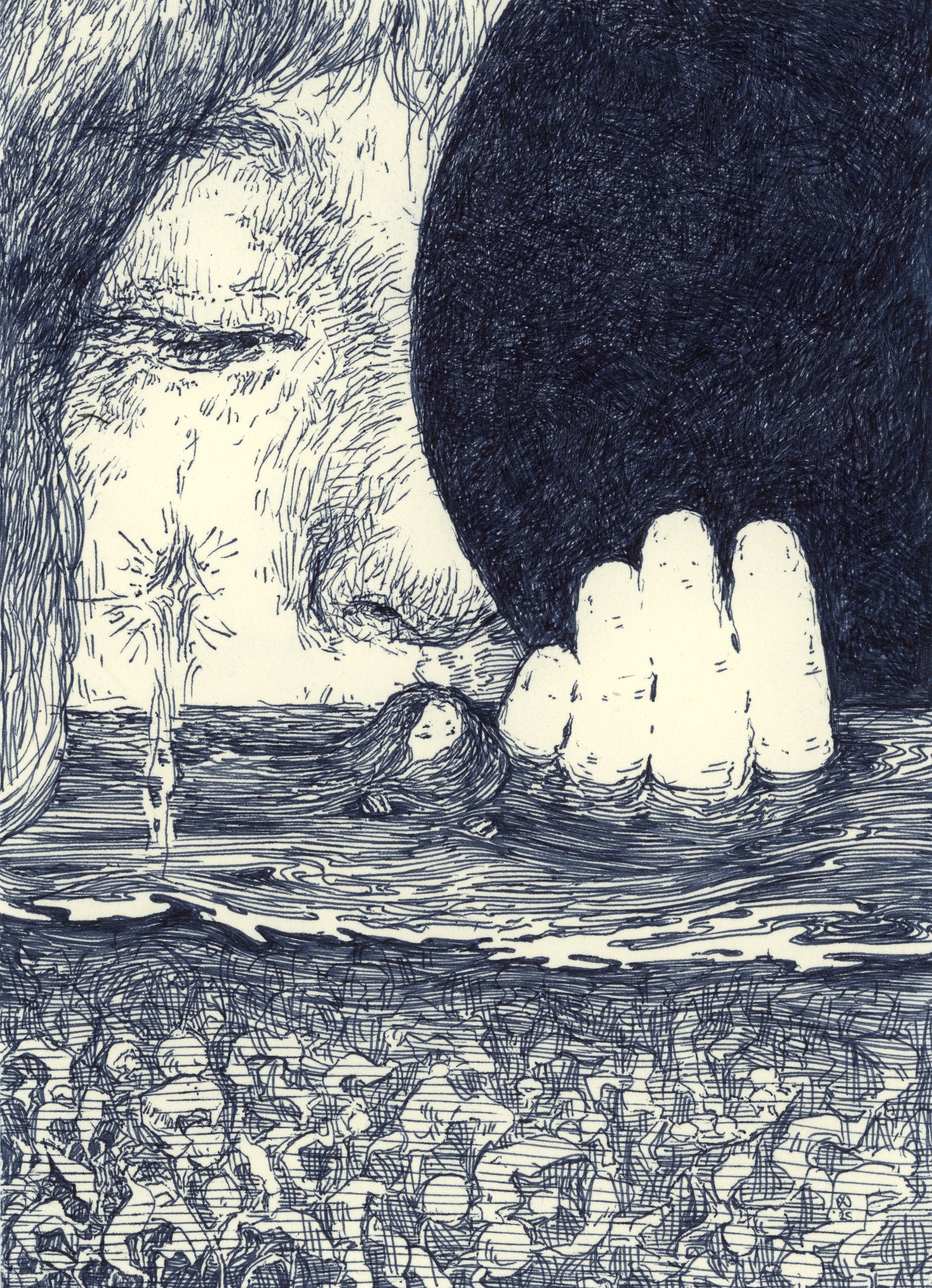 Down (Left), 2025, ink on paper on panel, 7 x 5 x 1 inches