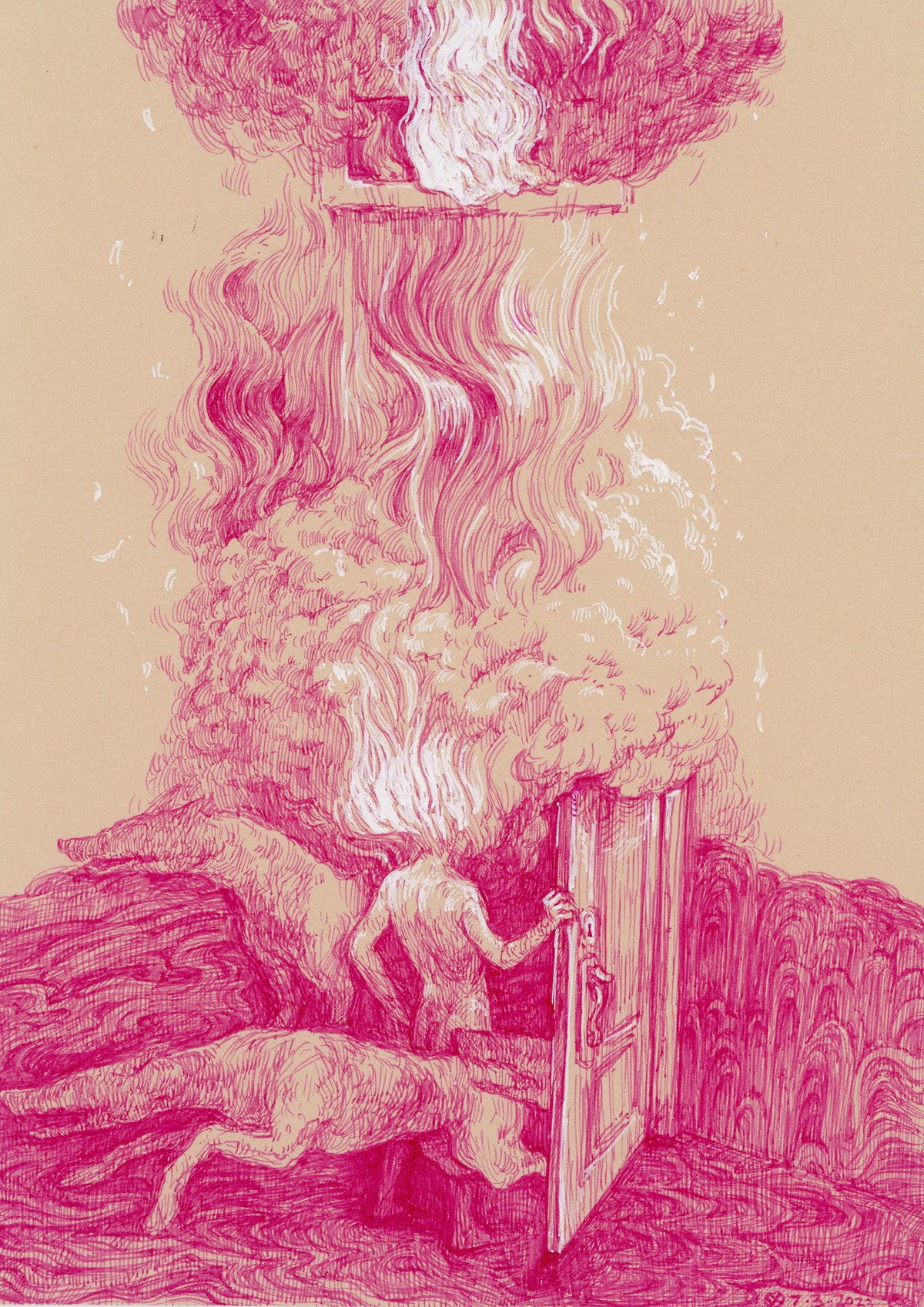 Flash Point, 2023, ink on toned paper on panel, 7 x 5 x 1.625 inches