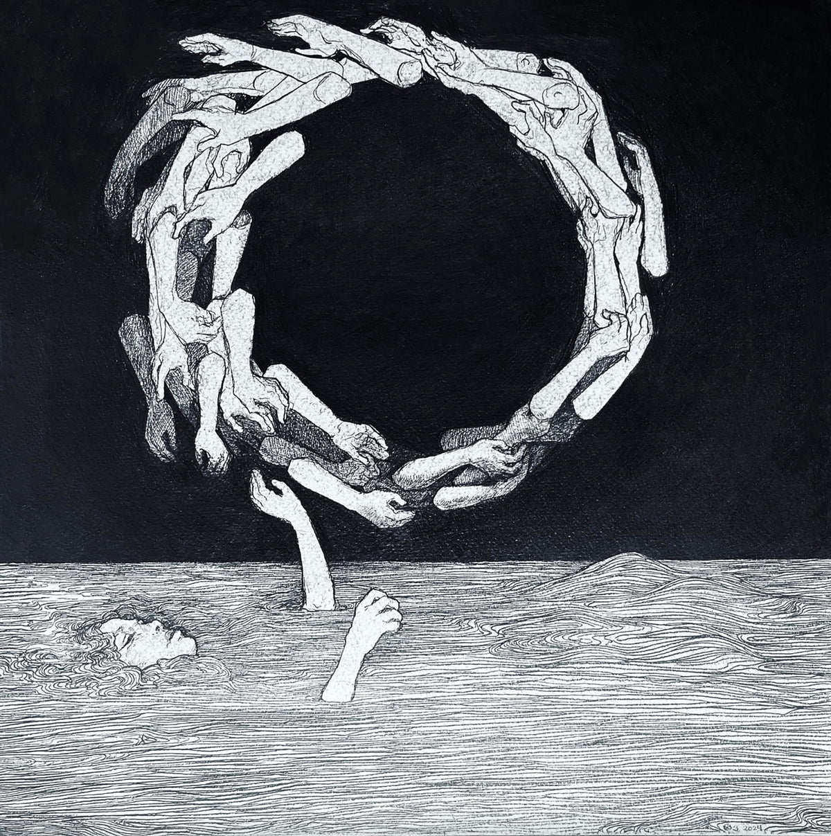 Ouroboros, 2023, graphite on paper, 12 x 12 inches