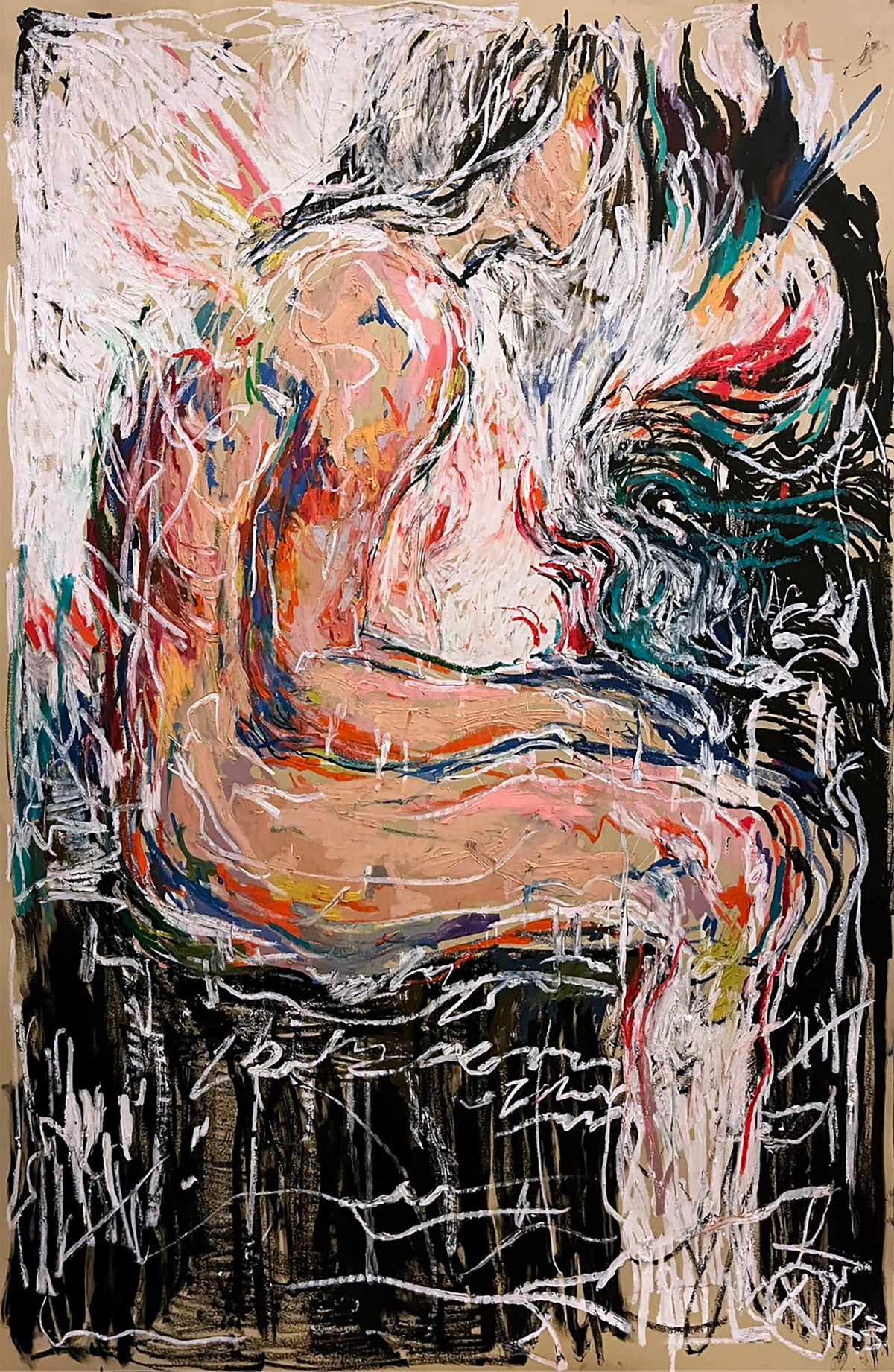 Purpura, 2023, oil pastel and paint stick on toned paper, 44 x 30 inches