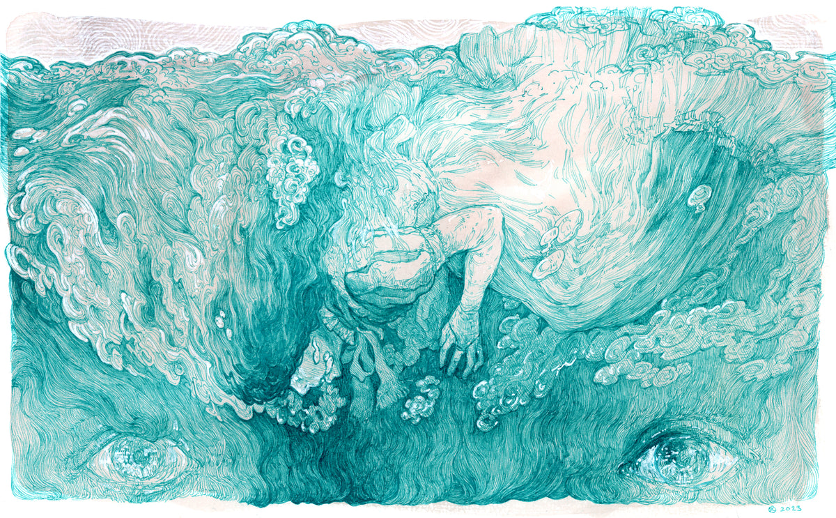 Rinse Repeat, 2023, ink on watercolor-toned paper, 7 x 11.5 inches