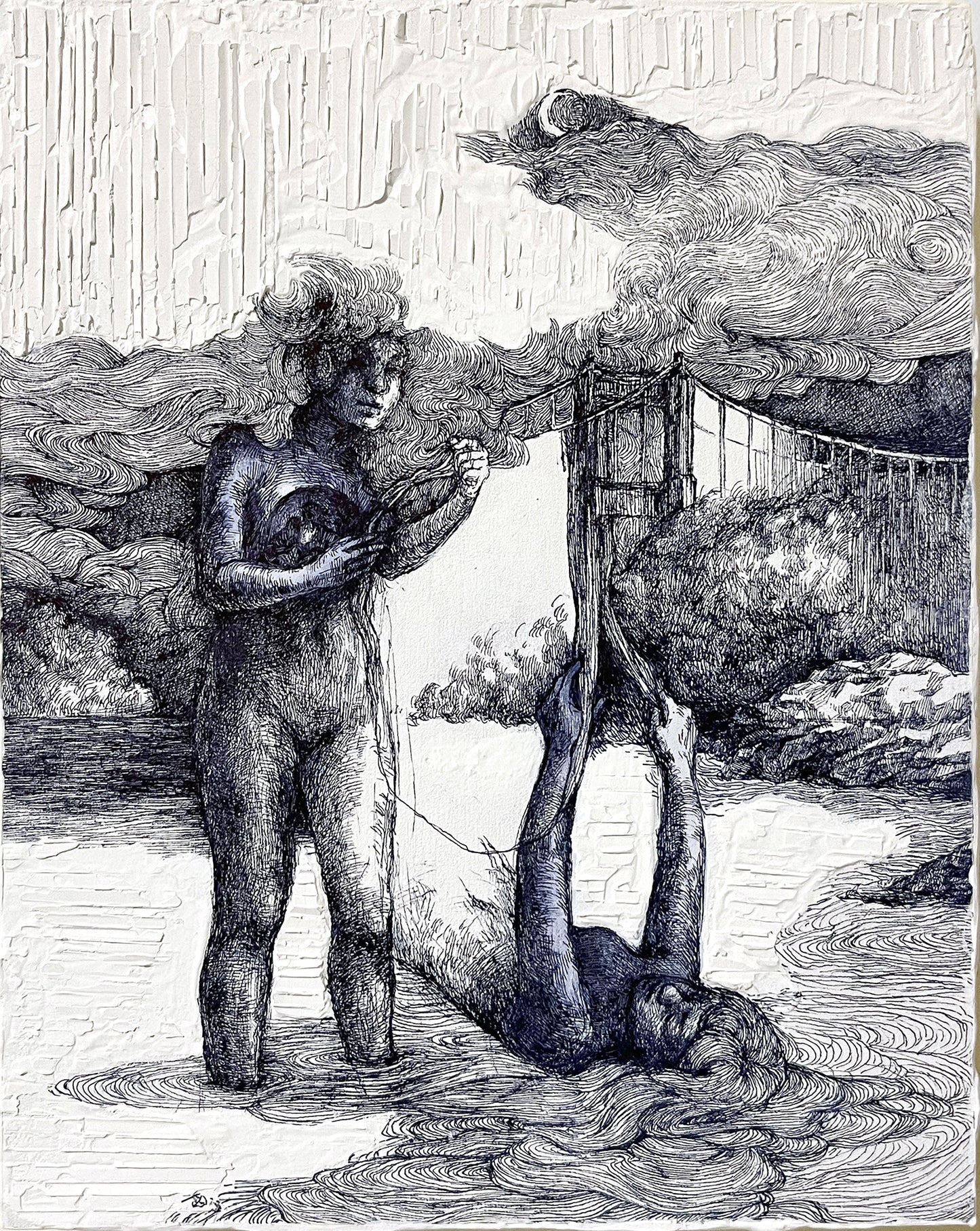 The Bridge, 2023, ink, gouache, paper, and plaster on panel, 10 x 8 x 1.25 inches